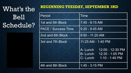 New Bell Schedule beginning September 3rd